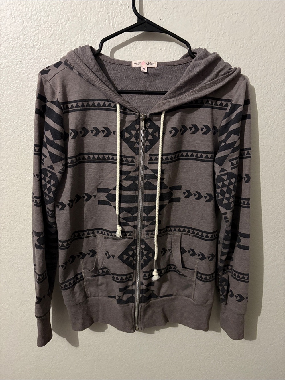 Wish & Whim Gray Aztec Zip-Up Hoodie Jacket Size Juniors Medium
